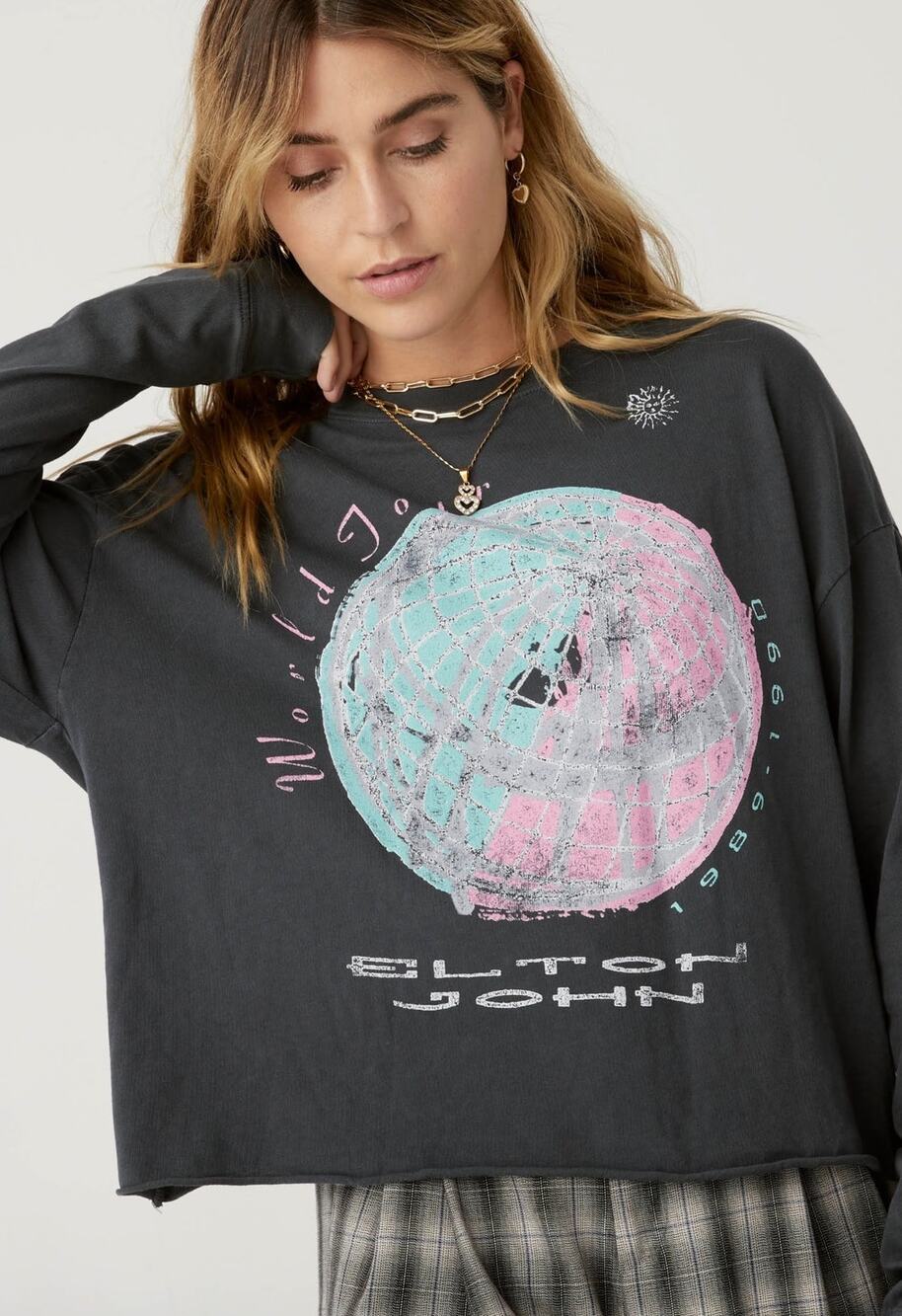 DAYDREAMER Elton John World Tour Long Sleeve Crop Top Vintage Black SMALL NWT